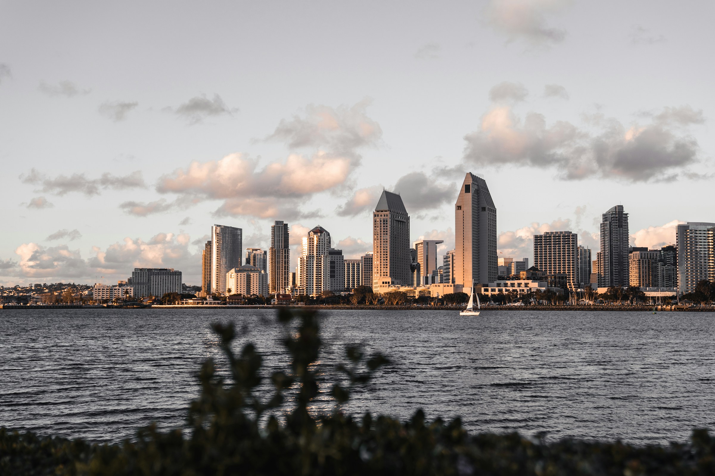 Downtown San Diego skyline across the bay at sunset